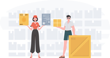 Obraz premium Ready made poster on the theme of delivery. Delivery team. Trendy flat style. Vector.