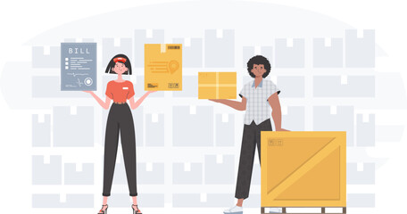 Fototapeta premium Ready made poster on the theme of delivery. Food and parcel delivery people team. Cartoon style. Vector.