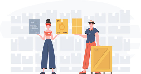 Obraz premium Ready made poster on the topic Products for the home. about food delivery. Food and parcel delivery people team. trendy style. Vector.