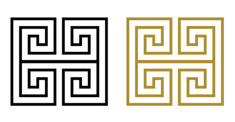 Greek Key square icon in choice of black or gold color outline, PNG transparent background