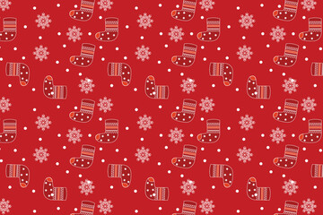 Abstract Christmas pattern design with winter socks and snowflakes. Christmas element pattern vector on a red background. Christmas pattern background decoration for book covers and wallpapers.