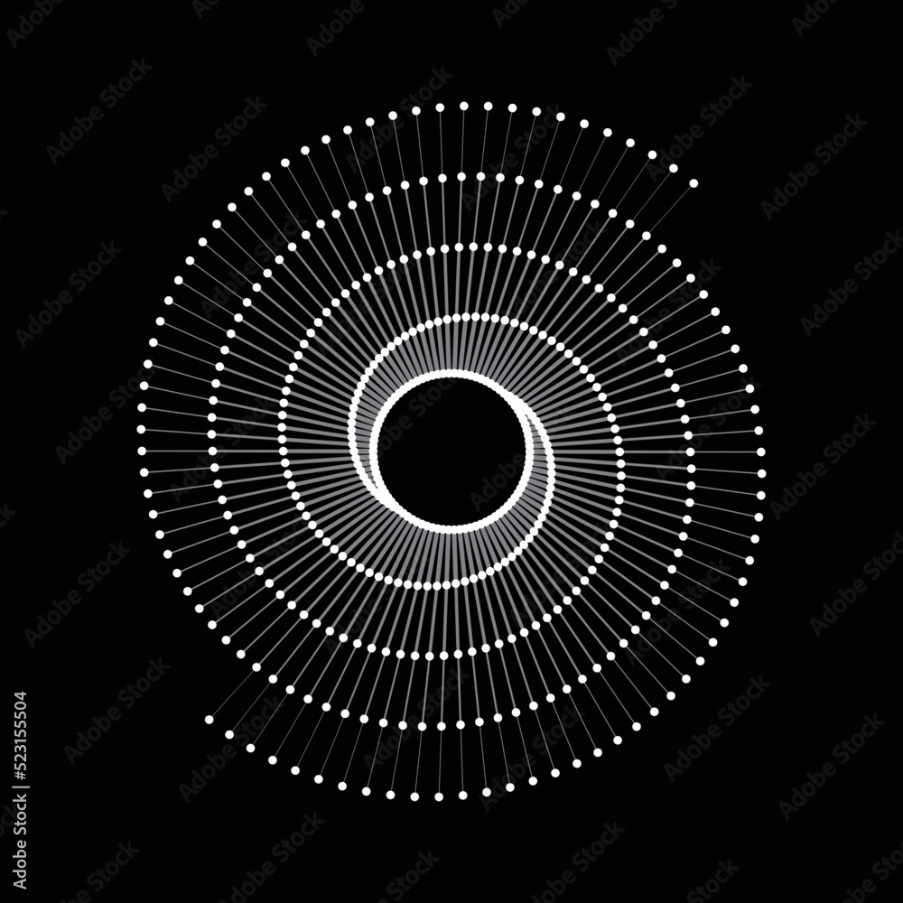 Poster white lines and dots in spiral over black background. yin and yang symbol. art line geometric design