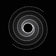White lines and dots in spiral over black background. Yin and Yang symbol. Art line geometric design.