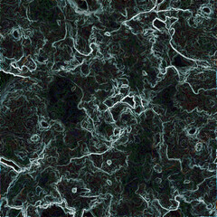 Abstract background. White, green and red threads and fibers on dark green and black background. Alien texture. Stylized ocean map imitation. Generated circles, ovals and lines. Deep water pattern.