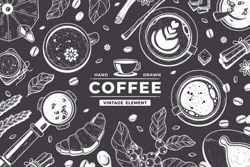 Hand drawn coffee on black chalkboard background © ayunannas