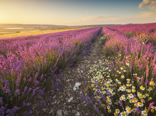 Obraz premium Meadow of lavender at sunset