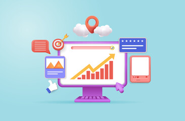  Realistic 3d Mock up Desktop computer, blank screen monitor. Mobile phone and tablet. Creative business concept idea.