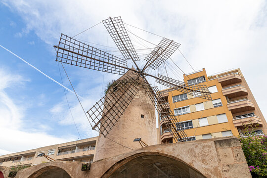 Palma de Mallorca, Spain. Historical windmills in the Carrer de la Industria street