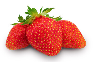 ripe red strawberries with leaves isolated on a white background