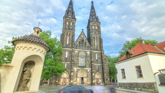 Neo-Gothic Saint Peter and Paul Cathedral timelapse hyperlapse in Vysehrad fortress, Prague. In 2003 the church was elevated to basilica by Pope John Paul II.