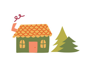 Small tiny house and trees. Paper cut style. Flat design. Hand drawn trendy illustration. Autumn house concept. All elements are isolated