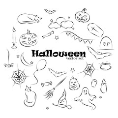 black and white vector set Halloween doodles, pumpkins, cobwebs, bats