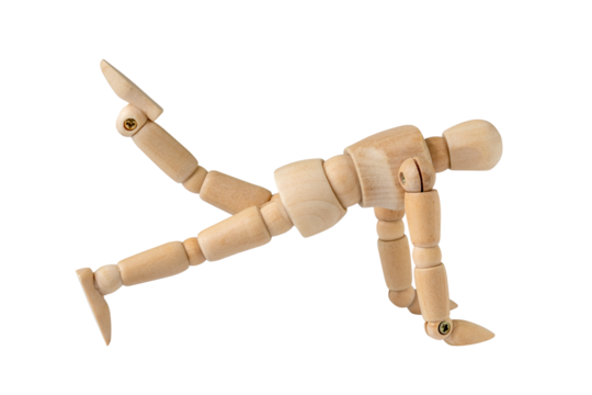 Wooden man doing fitness exercises
