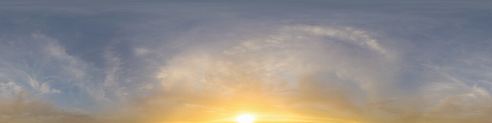 Fototapeta premium Golden glowing sunset sky panorama with Cirrus clouds. Hdr seamless spherical equirectangular 360 panorama. Sky dome or zenith for 3D visualization and sky replacement for aerial drone 360 panoramas.