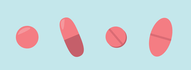Medical pills and medications for health care concept, pharmacy set. Tablets,  capsules, drugs collection isolated. Vector illustration in a cartoon flat style.