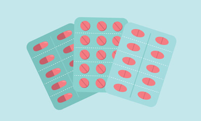 Medical pills and medications for health care concept, pharmacy set. Tablets, blisters for capsules, drugs collection isolated. Vector illustration in a cartoon flat style.