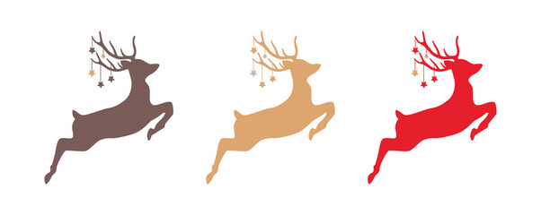 set of jumping christmas deer with stars isolated on white