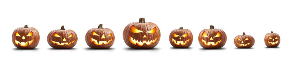A group of eight lit spooky halloween pumpkins, Jack O Lantern with evil face and eyes isolated against a white background. - obrazy, fototapety, plakaty