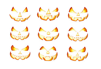 Nine lit evil halloween lantern faces, Jack O Lantern, with glowing eyes isolated against a transparent background ready for to be used on nighttime pumpkins.