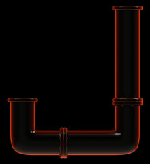 Letter J made of glossy black pipes with a red glow at the edges, isolated on black, 3d rendering