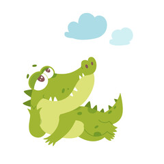 Obraz premium Cute adorable crocodile character with full belly resting under clouds in lazy pose