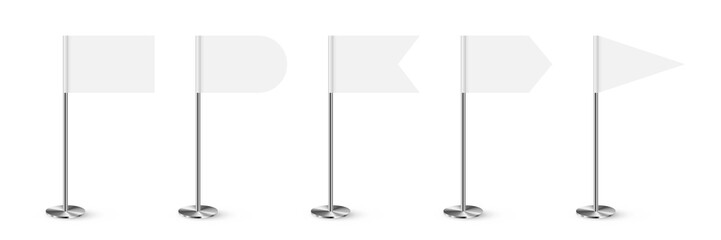 Empty flags of different shapes on 3d metal pole set, realistic steel pillar on base