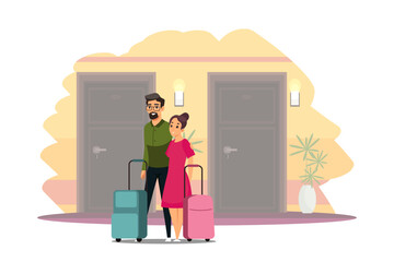 People with suitcases standing in hotel corridor in front of entrance doors, booking room