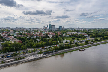 Obraz premium Drone view of Vistula River and Old Town in Warsaw city, Poland