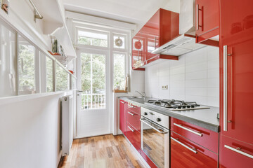 Fragment of interior of light narrow home kitchen with minimalist style red furniture with sink and...