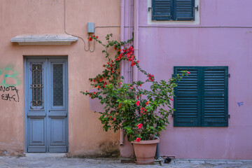 Fototapeta na wymiar Tenement in historic part of Corfu town on Corfu Island in Greece