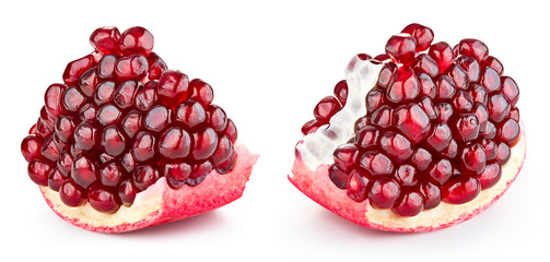 Pomegranate slice isolated on white background. Pomegranate set Clipping Path. Pomegranate macro studio photo