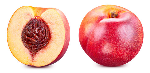 Isolated peach. Fresh organic peach isolated clipping path. Peach macro studio photo.