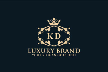 letter Initial KD elegant luxury monogram logo or badge template with scrolls and royal crown, perfect for luxurious branding projects

