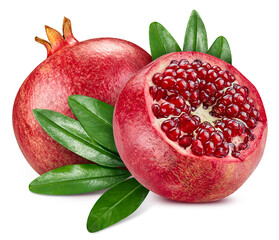 Isolated pomegranate. Fresh organic pomegranate with leaves isolated clipping path. Pomegranate...