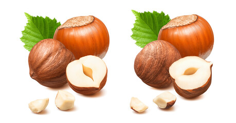 Two hazelnut groups with small pieces and leaves