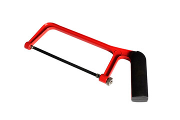 Red Hacksaw isolated on white background. hacksaw with a soft grip plastic handle. technician equipment.