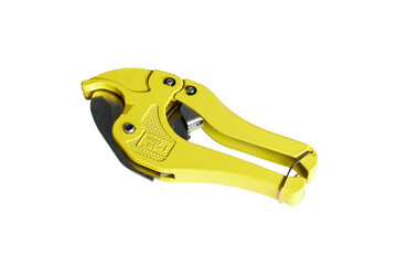 Plastic pipe cutter isolated on white background. The pipe cutter is an essential plumbing tool that professionals use to make precise cuts.