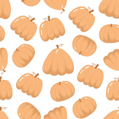 Seamless pattern with autumn harvest cartoon flat pumpkins isolated on white background, wallpapers for thanksgiving day