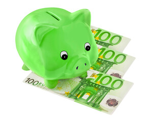 Grünes Sparschwein und 300 Euro  Hintergrund transparent - obrazy, fototapety, plakaty