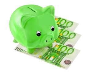 Grünes Sparschwein und 300 Euro  Hintergrund transparent