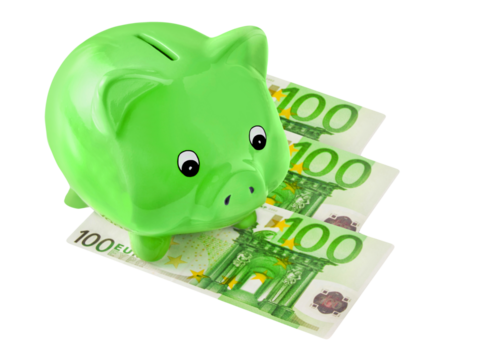 Grünes Sparschwein und 300 Euro  Hintergrund transparent