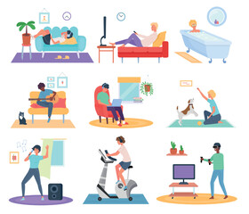 Stay home. People work and meditate in room. Relax or yoga. Pandemic quarantine. Lockdown life. Man reads or plays games. Woman takes bath. Persons activities set. Vector cartoon design