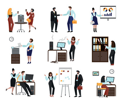 People in office. Work scenes. Worker characters business actions. Man sitting at desk. Computer and printer. Women at coffee break. Company management. Vector flat illustrations set