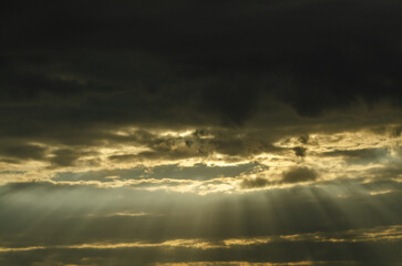 Couds on the sky in the sunset at summer. The rays of the sun shine through the clouds