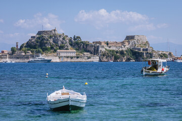 Fototapeta na wymiar Old Fortress seen from Ionian Shore in Corfu town on Corfu Island in Greece