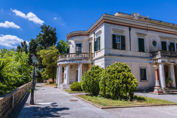 Fototapeta na wymiar Exterior of Mon Repos villa in the forest of Palaeopolis, Corfu town on Corfu Island in Greece