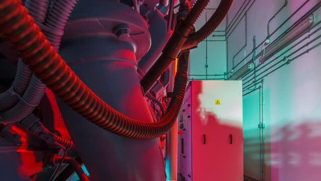 Diesel electric generator in power supply room of data center timelapse hyperlapse. Big engine with pipes