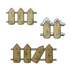 Set of icons, wooden brown fence, fence with a broken part, vector cartoon