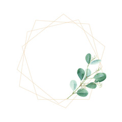 Green floral wreath, frame with golden geometric shape isolated on white background. Eucalyptus branch. For wedding stationery, invitations, save the date, greeting card, logos, stickers, backgrounds.