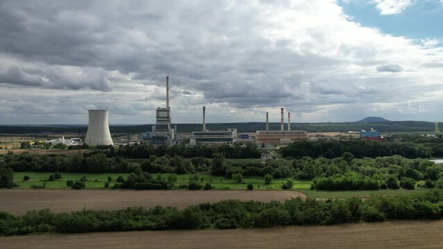 Power plant Melnik (Elektr&aacute;rna Měln&iacute;k),Tepeln&aacute; elektr&aacute;rna Měln&iacute;k, &Scaron;tět&iacute;,Liběchov,Horn&iacute; Počaply, Czech republic,Europe,aerial scenic panorama view
